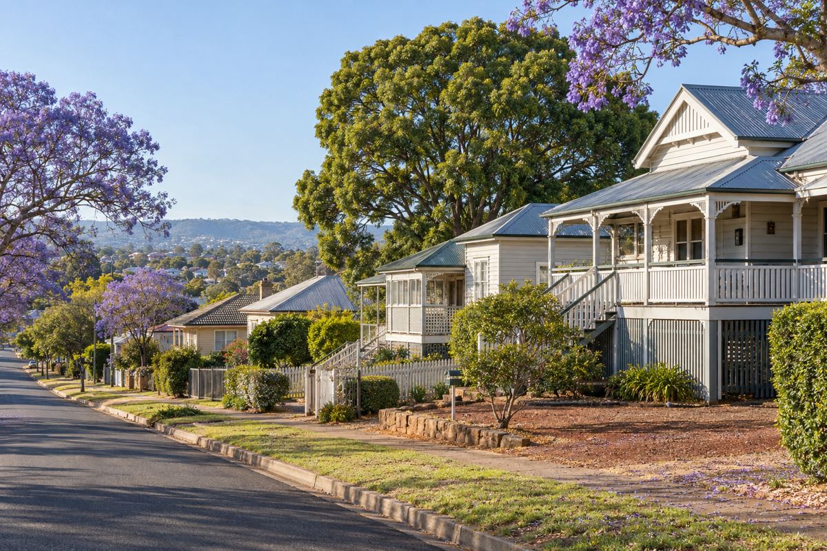 A quiet East Toowoomba street of high-set timber Queenslanders with verandahs and lattice beside post-war low-set timber homes, jacarandas and a camphor laurel along the footpath and red volcanic soil showing in the garden beds