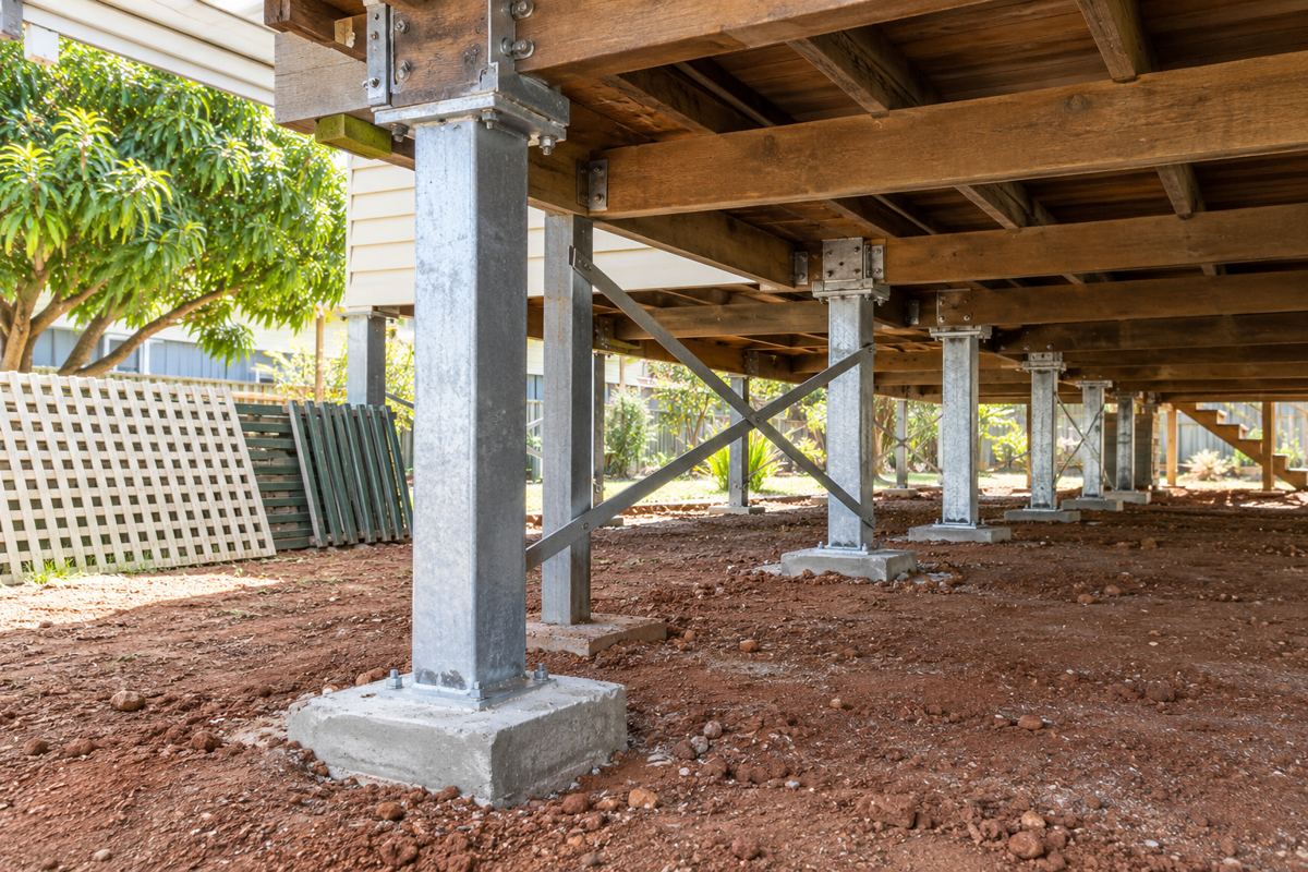 Galvanised square steel stumps with top plates and cross-bracing under a high-set Queenslander in Wilsonton, set in red soil, with the old lattice panels stacked outside against the fence.