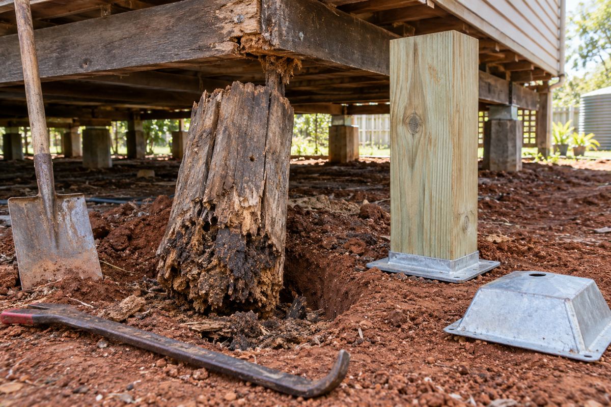 A rotted hardwood stump pulled out and lying beside its hole under a Toowoomba house, termite galleries visible in the old timber, a new treated stump with a sole plate and ant cap ready to go in, red volcanic soil around the hole.